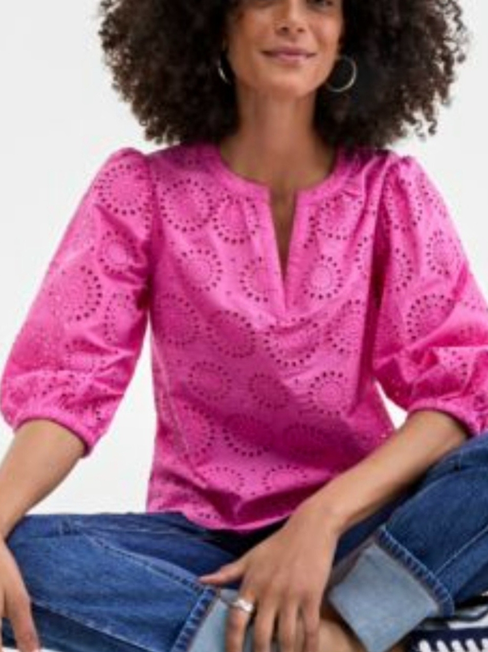 On 34th Women’s Eyelet Split-Neck Top - Bright Pink